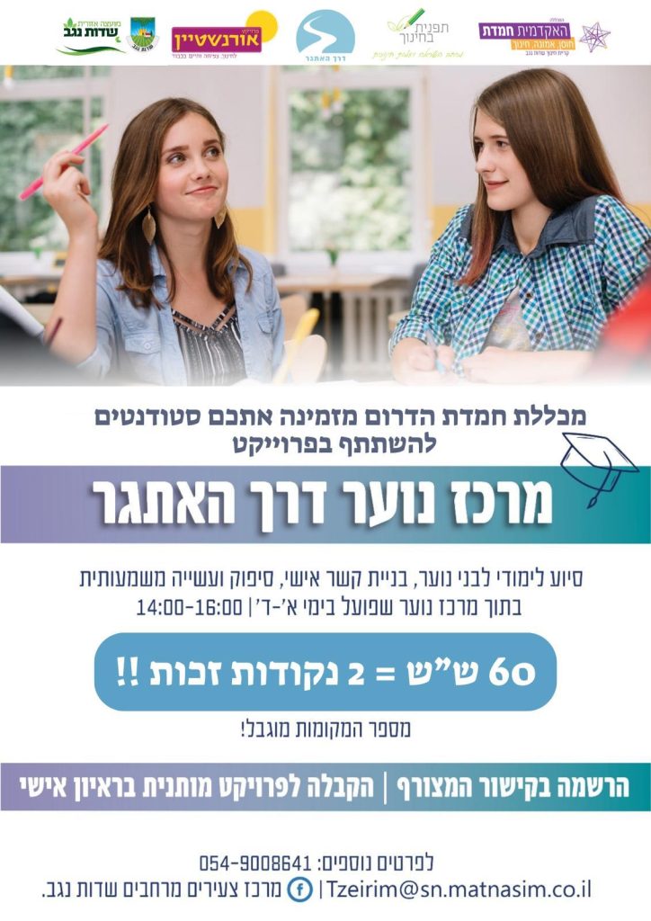 *מרכז נוער דרך האתגר שדות נגב מגייס סטודנטים!* פרויקט חדש יצא לדרך! הענקת סיוע לימודי לבני נוער, בניית קשר אישי, סיפוק ועשייה משמעותית. *מעוניינים לקחת חלק?* *מלאו שאלון מקדים ונחזור אליכם*